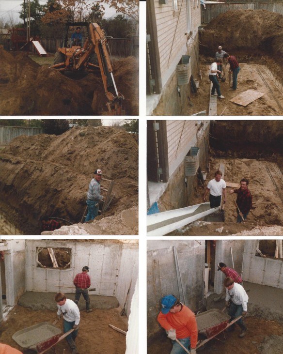 Top: Left - Don breaking ground. Right - Steve, Mick, Dad preparing for footings. Middle: Left- Dad. Right - Steve and Mick pouring the footings. Bottom: Left - Steve and Dad. Right - Mick, Steve and Dad pouring the cement floor.